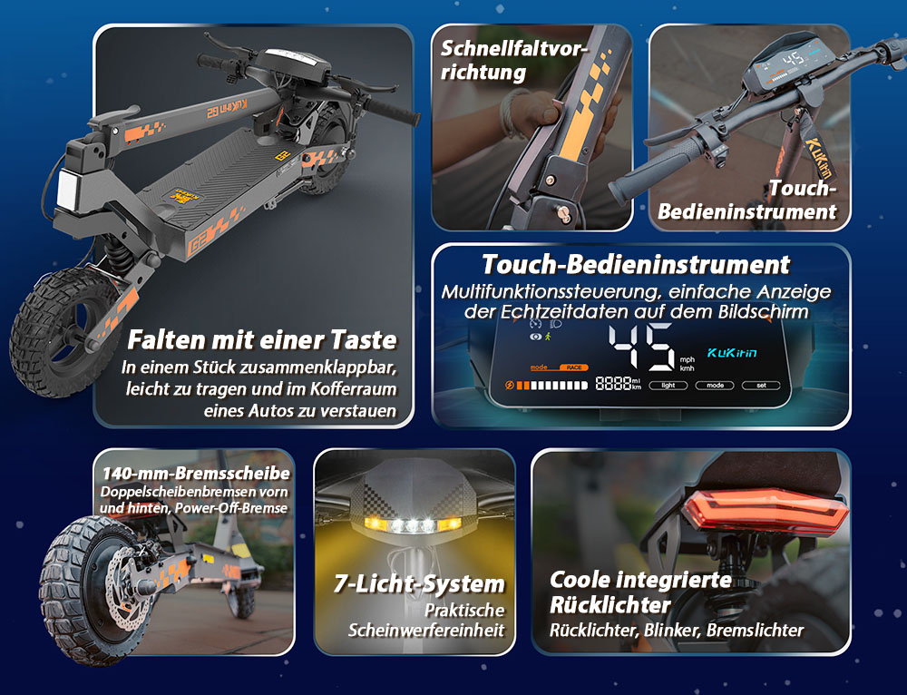Kukirin G2 Faltbarer E-Scooter, 800W Motor, 48V 15Ah Akku, 10 Zoll Reifen, 45 km/h Höchstgeschwindigkeit, 55 km Reichweite, Touchscreen-Display, Scheibenbremsen vorne und hinten