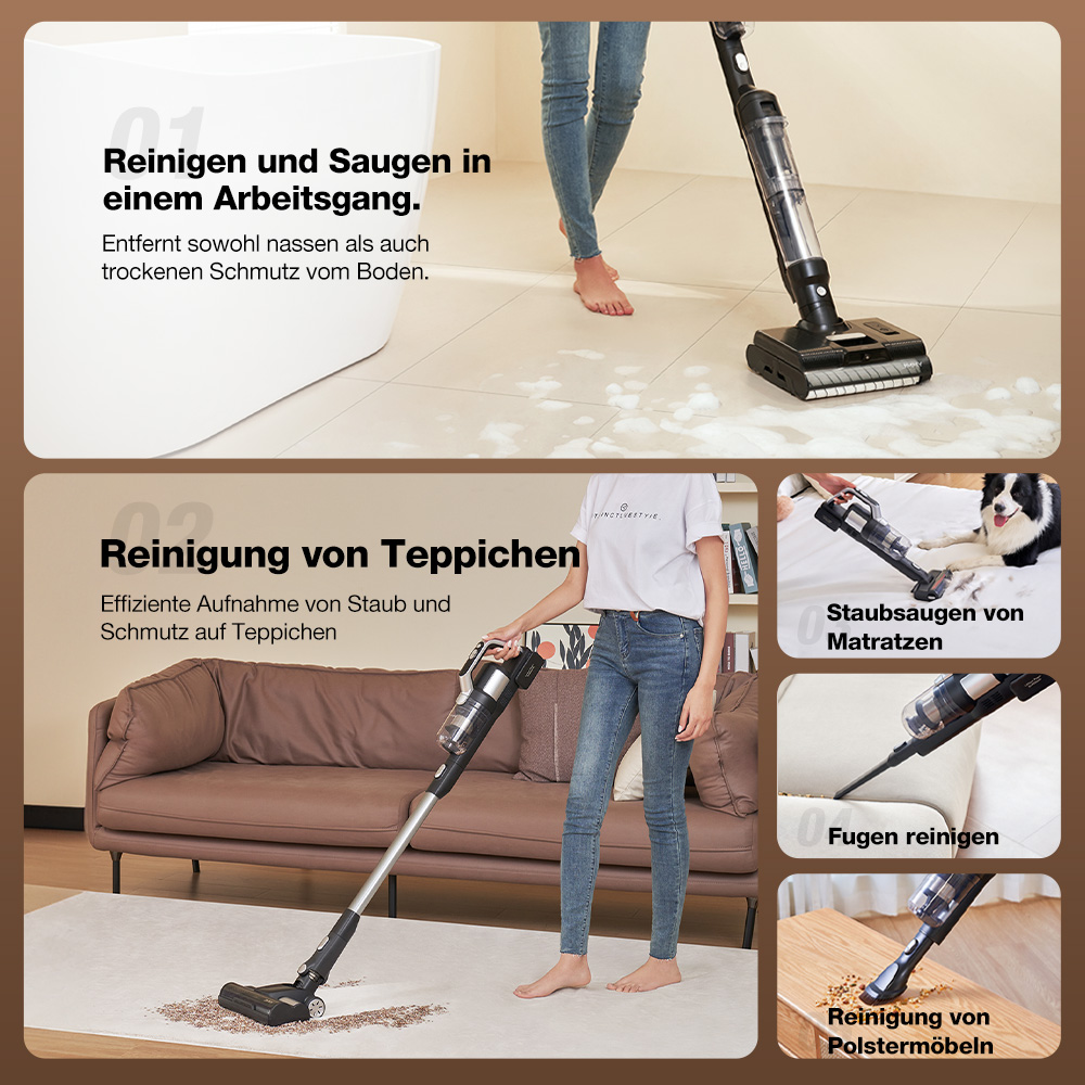 JIMMY PW11 Pro Max 5-in-1 kabelloser Staubsauger und Waschmaschine, 460 W Leistung, doppelte Reinigung mit zwei Bürstenrollen, schnelles Trocknen mit Heißluft, LED-Display, 180° flaches Design, Silber-Schwarz - EU-Stecker