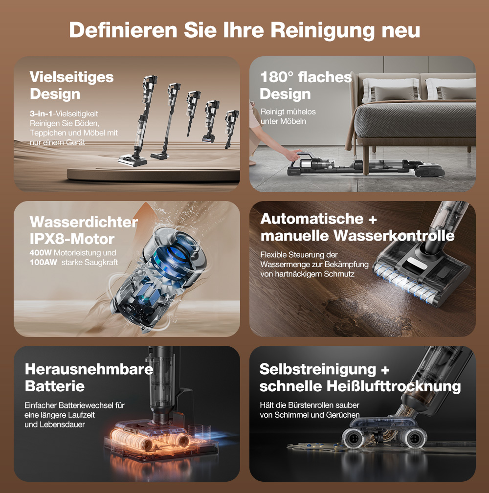 JIMMY PW11 All-in-One Staubsauger und Waschmaschine, 400 W Leistung, eine Bürstenrolle, schnelles Trocknen mit Heißluft, LED-Display, wasserdichter, bürstenloser IPX8-Motor, 180° flaches Design - EU-Stecker (Silber-Schwarz)