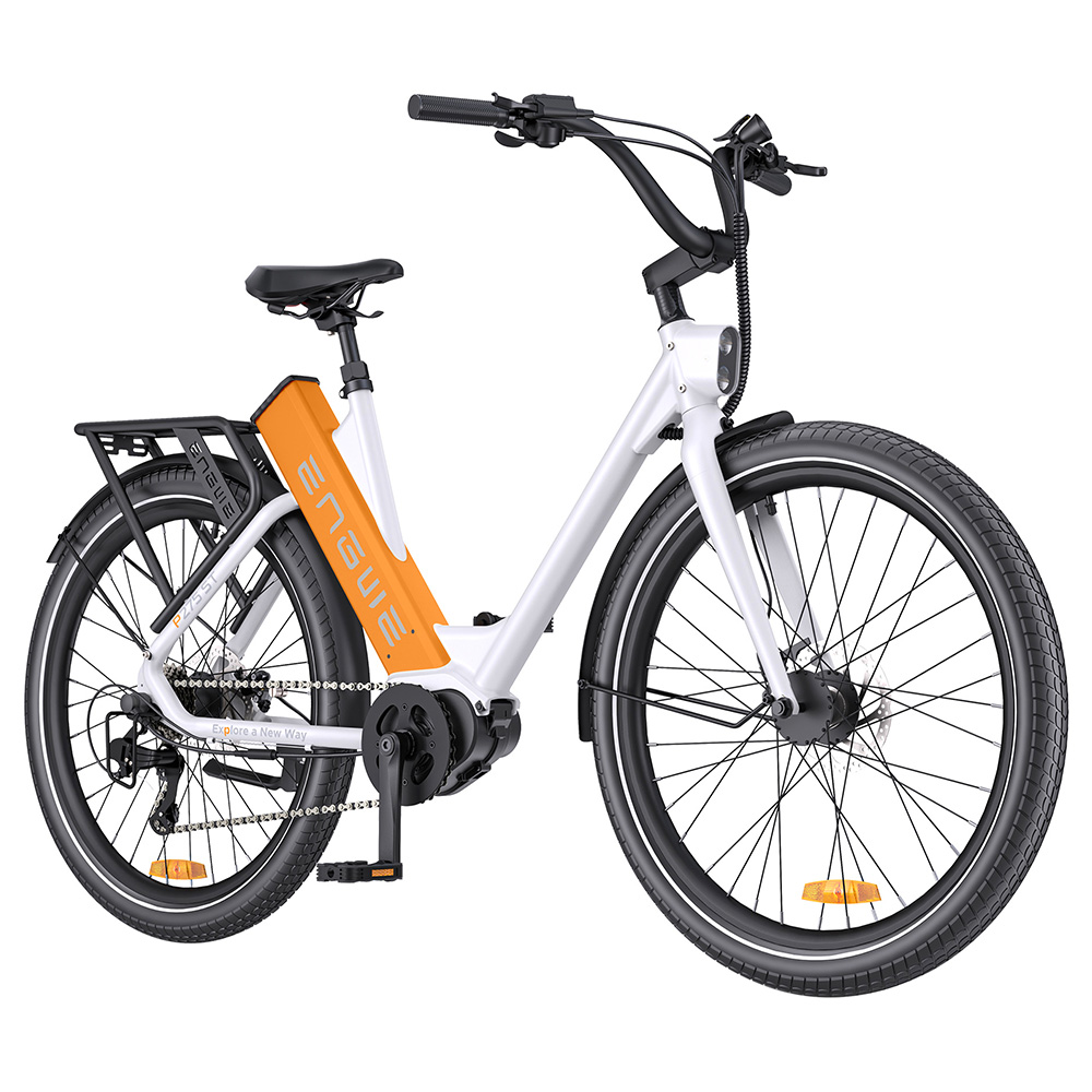 ENGWE P275 ST Urban Electric Bike, 250W Brushless Mid-drive Torque Sensor Motor, 36V 19.2Ah Removable Battery, 260km Max Range, Hydraulic Disc Brake, 27.5'' Spoke Tires, SHIMANO 9-speed - White Orange