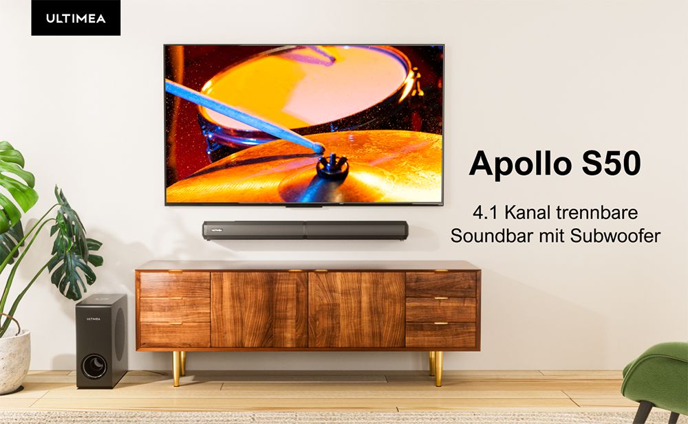 Ultimea Apollo S50 4.1-Kanal abnehmbare Soundbar mit Subwoofer, Bluetooth 5.3, einstellbarem Basspegel, 3 EQ-Modi