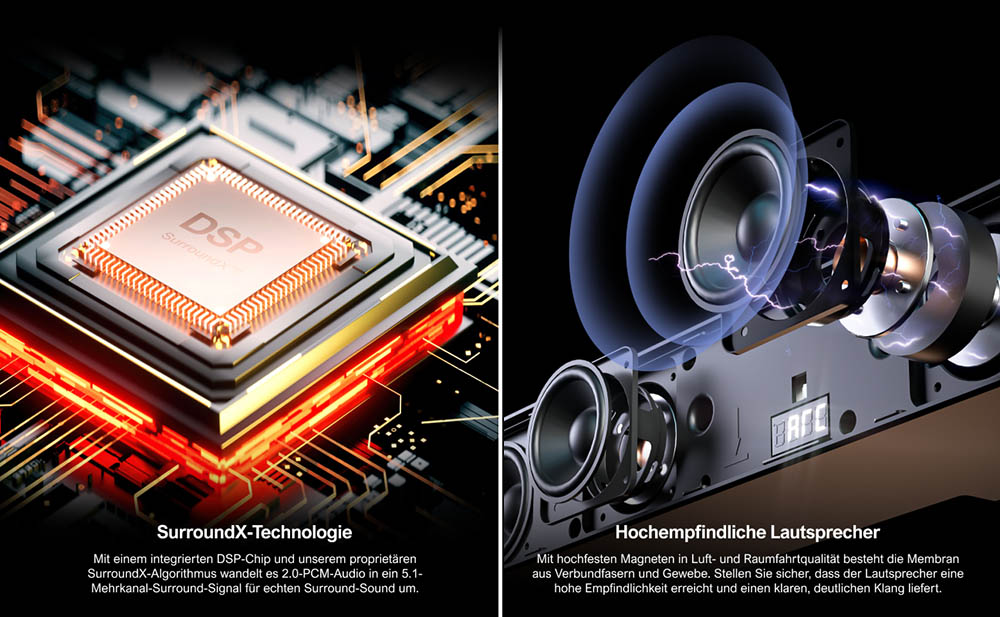 Ultimea Poseidon D50 5.1 Kanal Soundbar mit Subwoofer und hinteren Surround-Lautsprechern, einstellbarer Surround-Pegel, 3 EQ-Modi