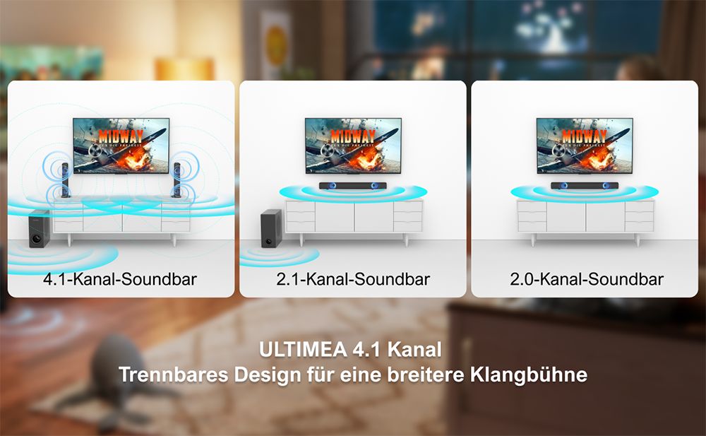 Ultimea Apollo S50 4.1-Kanal abnehmbare Soundbar mit Subwoofer, Bluetooth 5.3, einstellbarem Basspegel, 3 EQ-Modi