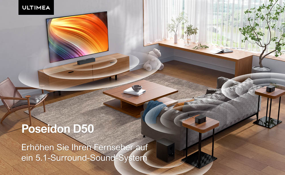 Ultimea Poseidon D50 5.1 Kanal Soundbar mit Subwoofer und hinteren Surround-Lautsprechern, einstellbarer Surround-Pegel, 3 EQ-Modi