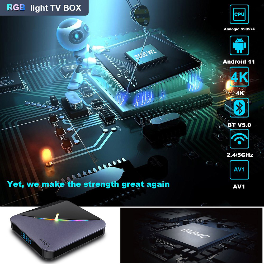 A95X F3 Air II TV BOX Android 11 Amlogic S905Y4 Quad Core ARM Cortex A53 2G RAM 16GB ROM 2.4G+5G WiFi 4K AV1 RGB Light