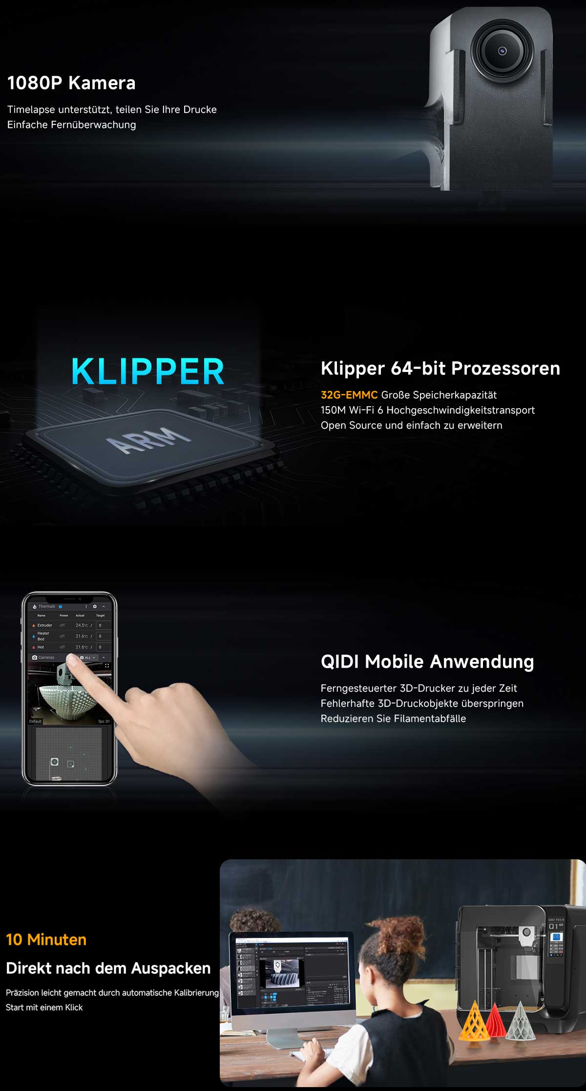 QIDI TECH Q1 Pro 3D-Drucker, Dual-Z-Motoren, 60°C Kammertemperatur, 350°C Druck, Tri-Metall-Hotend, automatische Nivellierung, ≤600mm/s Hochgeschwindigkeit, 64-Bit-Prozessor, Filamenterkennung, 245x245x240mm