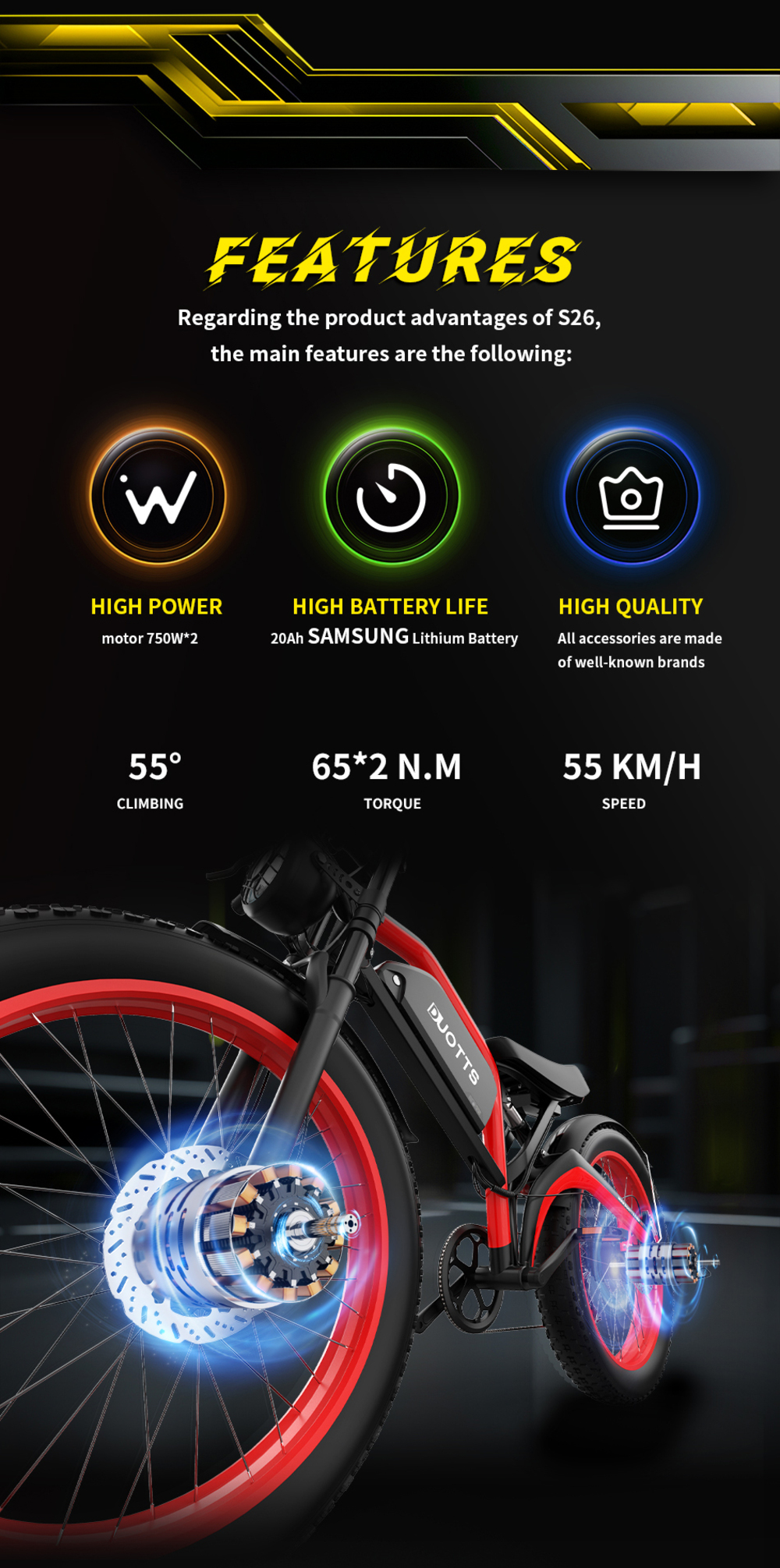 DUOTTS N26 Electric Bike, 750W*2 Motors, 55km/h Max Speed, 26*4.0' Inflatable Tires, 48V 20Ah Samsung Battery, 120-150km Range, Shimano 7-Speed, 200kg Max Load - Black