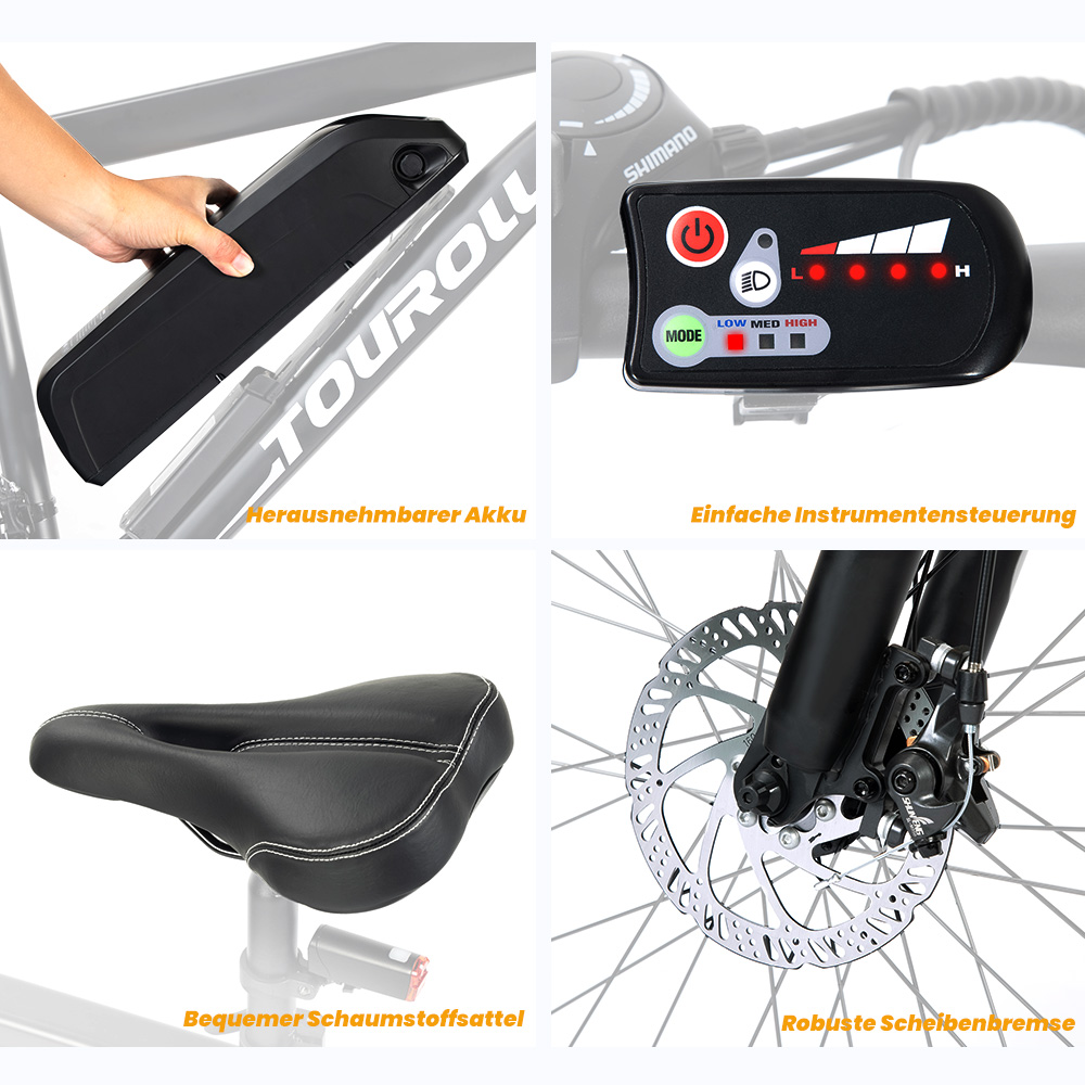 Touroll U1 Elektrofahrrad 26 MTB mit 250W Motor, 13Ah herausnehmbarer Lithium-Ionen-Akku, 65KM max. Fahrtstrecke, CST Geländereifen, 21-Gang Shimano-Schaltung