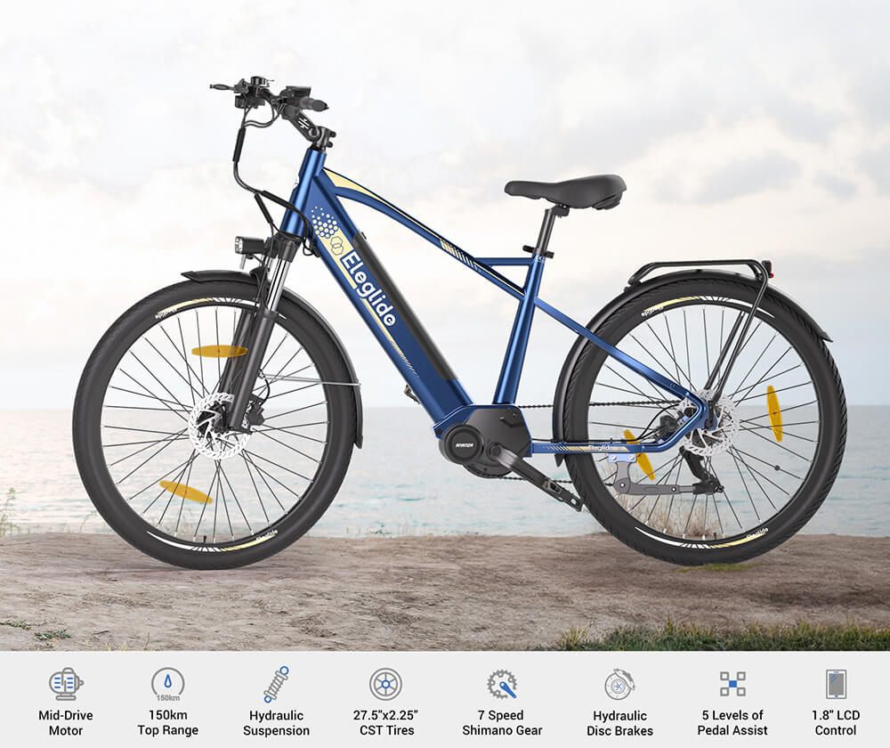 Eleglide C1 27.5 inch Trekking Bike with 250W Ananda Mid-Drive Motor, 14.5Ah Battery, Max 150km Range, Hydraulic Suspension & Hydraulic Disc Brakes Shimano 7 Gears - Blue