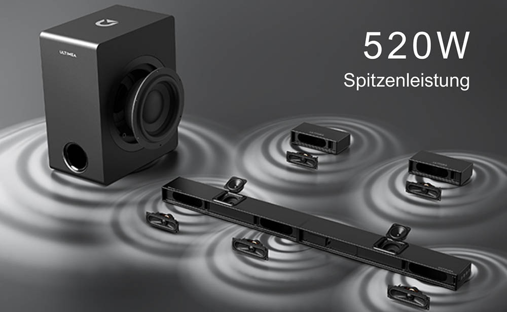 Ultimea Nova S80 Soundbar-Subwoofer-Lautsprecher-Kit, 5.1.2-Kanal, 4K HDR-Passthrough, Dolby Atmos-Dekodierung, 520 W Spitzenleistung