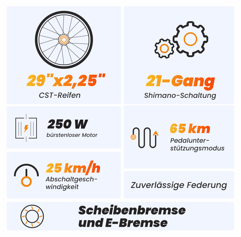 Touroll U1 Elektrofahrrad 29 MTB mit 250W Motor, 13Ah herausnehmbarer Lithium-Ionen-Akku, 65KM max. Fahrtstrecke, 29x2,25'' CST Geländereifen, 21-Gang Shimano Schaltung