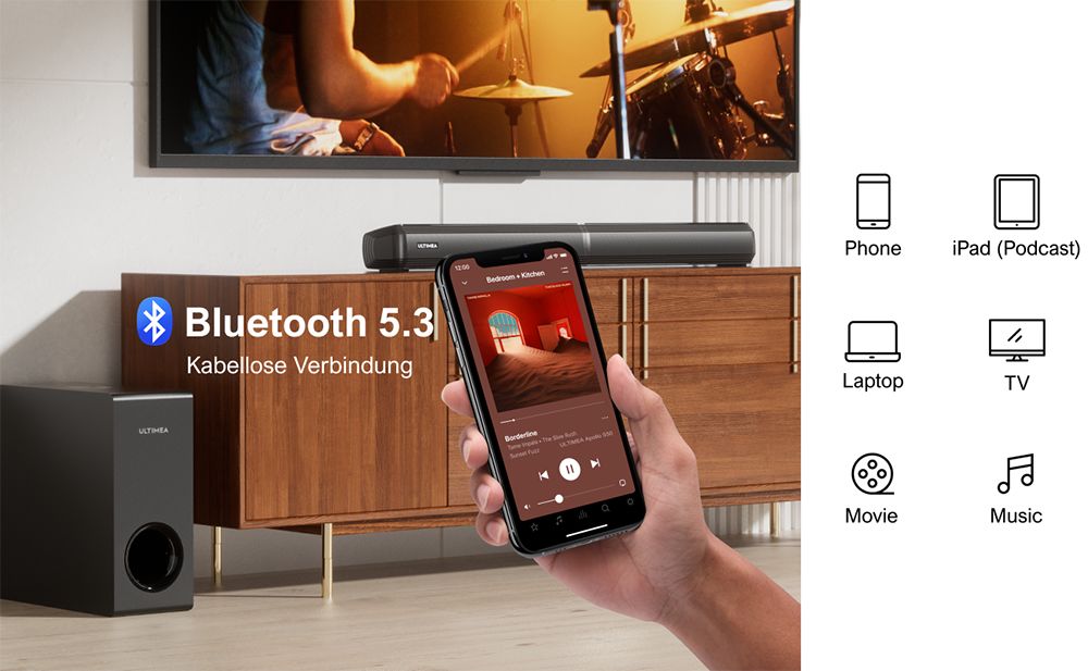 Ultimea Apollo S50 4.1-Kanal abnehmbare Soundbar mit Subwoofer, Bluetooth 5.3, einstellbarem Basspegel, 3 EQ-Modi