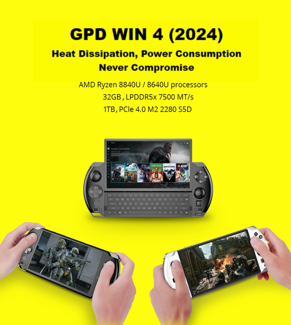 GPD Win 4 (2024) 6-inch Handheld Game Laptop, AMD Ryzen 7 8840U, 8 Cores Up to 5.1GHz, 32GB RAM 1TB SSD, WiFi 6 Bluetooth 5.2, 1*USB 4 1*Full-featured USB-C 1*Charing Only USB-C 1*Oculink 3*USB 3.2 1*HDMI 1*MicroSD Slot 1*RJ45 - EU Plug