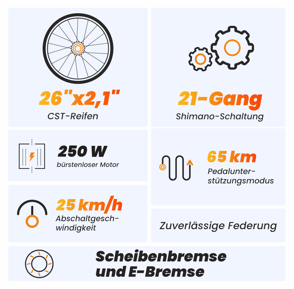 Touroll U1 Elektrofahrrad 26 MTB mit 250W Motor, 13Ah herausnehmbarer Lithium-Ionen-Akku, 65KM max. Fahrtstrecke, CST Geländereifen, 21-Gang Shimano-Schaltung