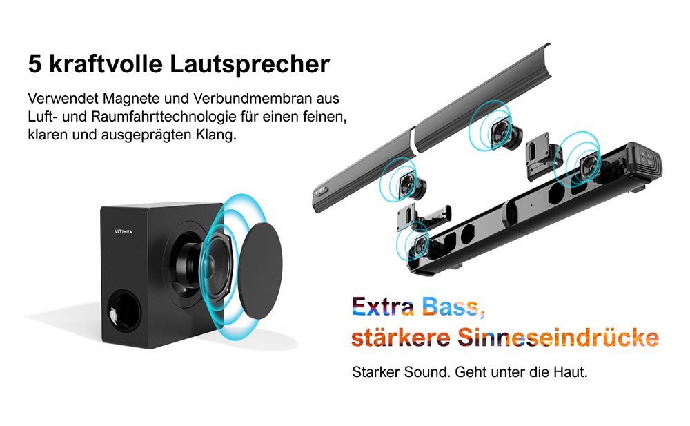 Ultimea Apollo S50 4.1-Kanal abnehmbare Soundbar mit Subwoofer, Bluetooth 5.3, einstellbarem Basspegel, 3 EQ-Modi
