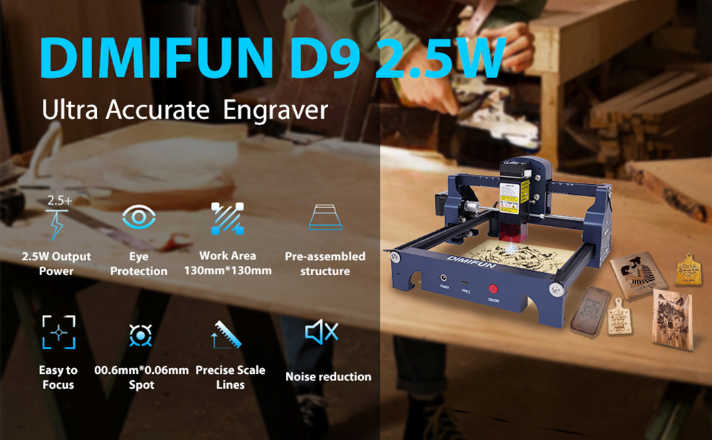 DIMIFUN D9 A25 2.5W Portable Laser Engraving Machine, Eye Protection, 10000mm/min Speed, 0.06mm Spot, 130*130mm, Noise Reduction