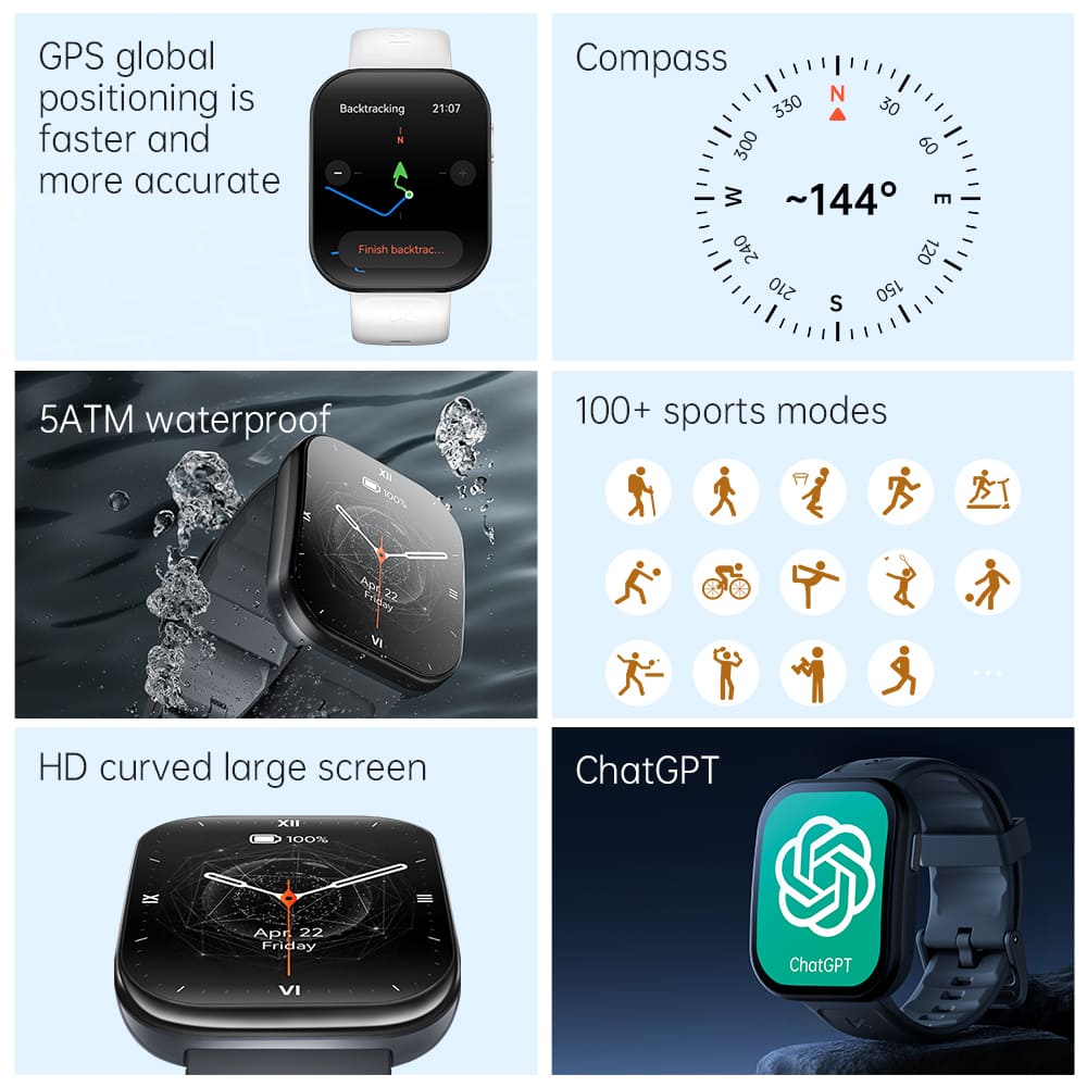 KUMI U6 Smartwatch, 1.96-inch AMOLED Screen, GPS Global Positioning, 5ATM Waterproof, 100+ Sport Modes, Bluetooth Calling, Al Voice Assistant, Health Sleep Monitoring - White