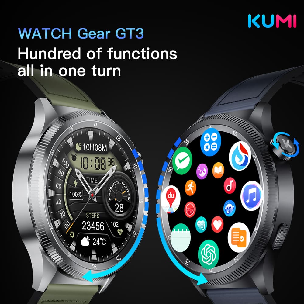 KUMI WATCH Gear GT3 Smartwatch, 1.43-inch AMOLED Screen, Al Intelligent Voice Assistant & Watch Face, Multi-language Translation, Health Monitoring, Bluetooth Calling, IP68 Waterproof - Grey