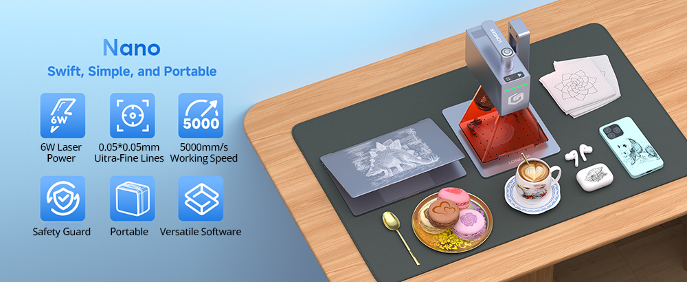 LONGER Nano 6W Portable Laser Engraver, Diode Lasers with FAC, 5000mm/s Ultra-Fast Speed, 0.05mm Precision, LightBurn & LaserGRBL & LaserBurn, 6mm Wood Cutting, 100*100mm