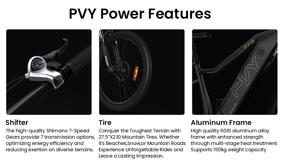 PVY Power Elektrofahrrad, 1000 W Nabenmotor, 48 V 16,5 Ah Akku, 27,5 x 2,1 Zoll Reifen, 38 km/h Höchstgeschwindigkeit, 100 km Reichweite, Hydraulische Scheibenbremse, Stoßdämpfungsgabel, SHIMANO 7-Gang, IP66 wasserdicht