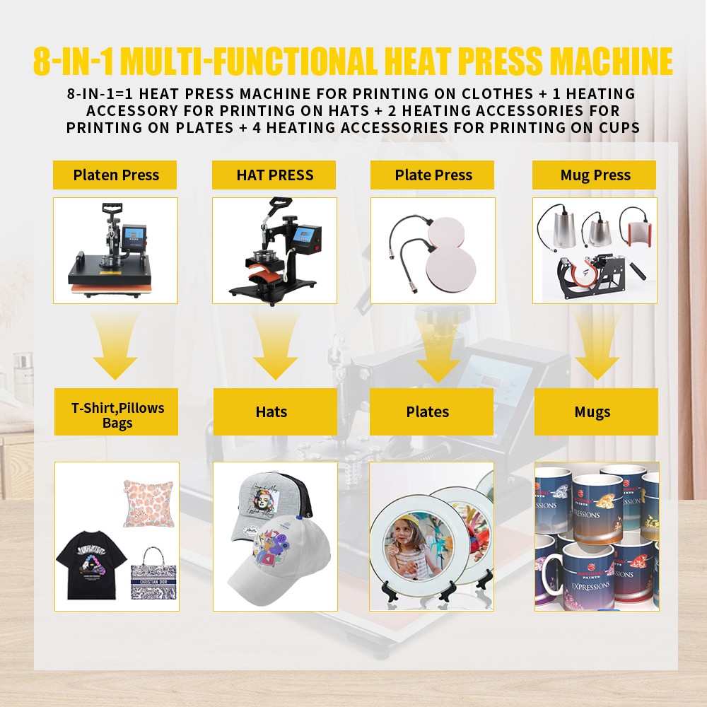 SHUOHAO 8 In 1 Heat Press Machine, 15*15in, For Cap/Bag/Mouse/Pad/Phone Case/Tape/Stickers/Mug/Plate/Puzzle/T-shirts