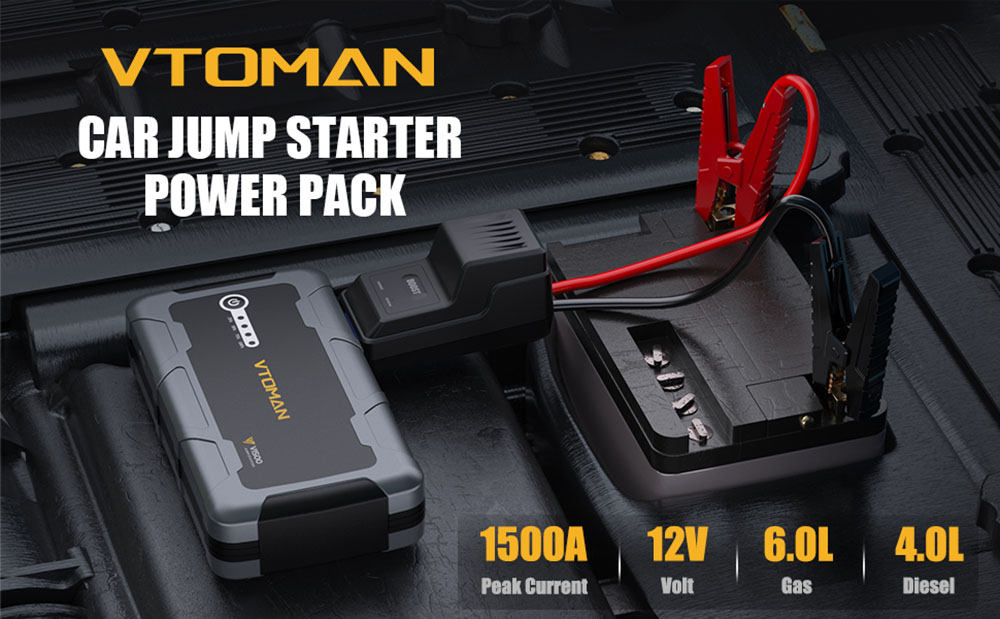 VTOMAN V1500 1500A Car Jump Starter, 3 LED Flashlight Modes, 12V Car Up to 6.0L Gas and 4L Diesel
