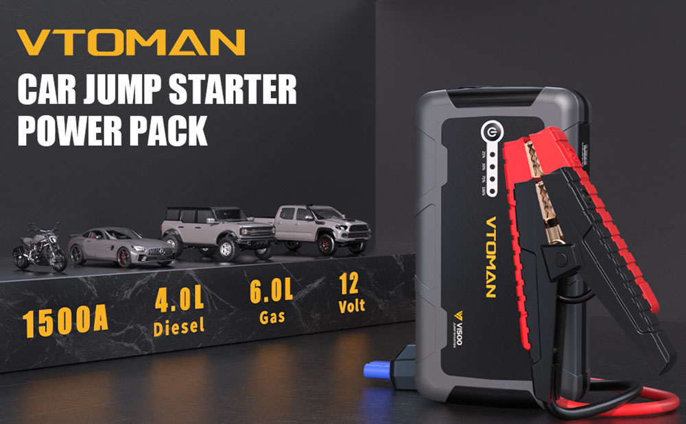 VTOMAN V1500 1500A Car Jump Starter, 3 LED Flashlight Modes, 12V Car Up to 6.0L Gas and 4L Diesel