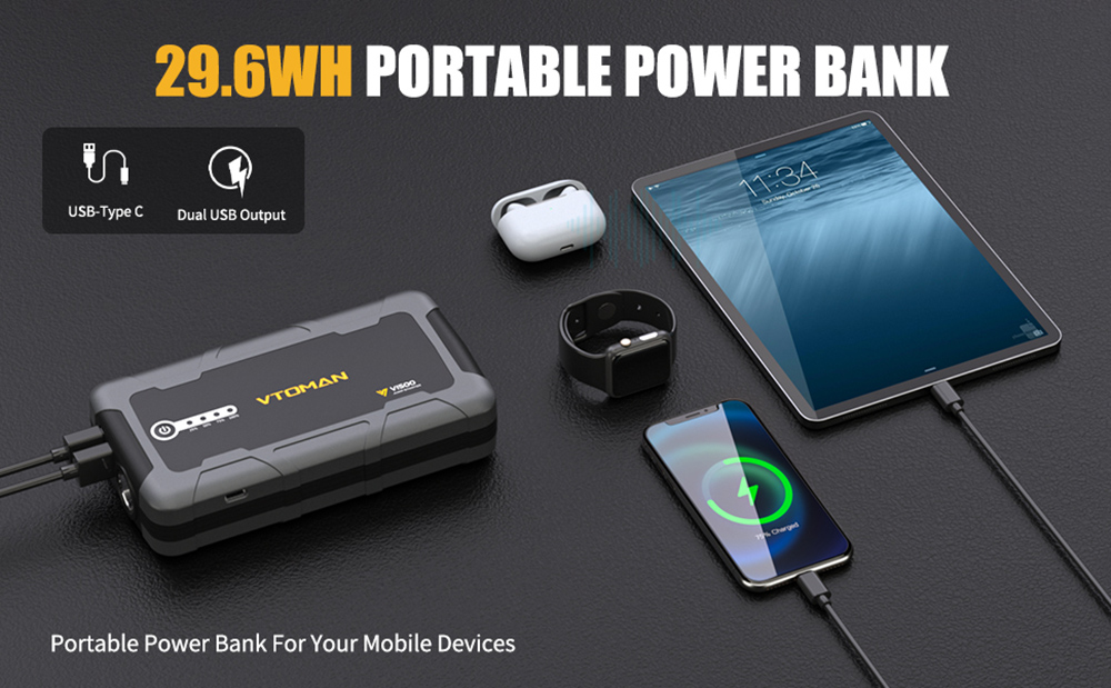 VTOMAN V1500 1500A Car Jump Starter, 3 LED Flashlight Modes, 12V Car Up to 6.0L Gas and 4L Diesel