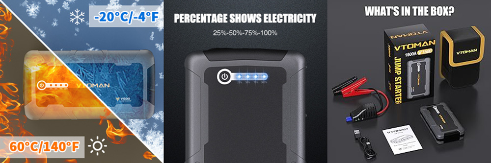 VTOMAN V1500 1500A Car Jump Starter, 3 LED Flashlight Modes, 12V Car Up to 6.0L Gas and 4L Diesel