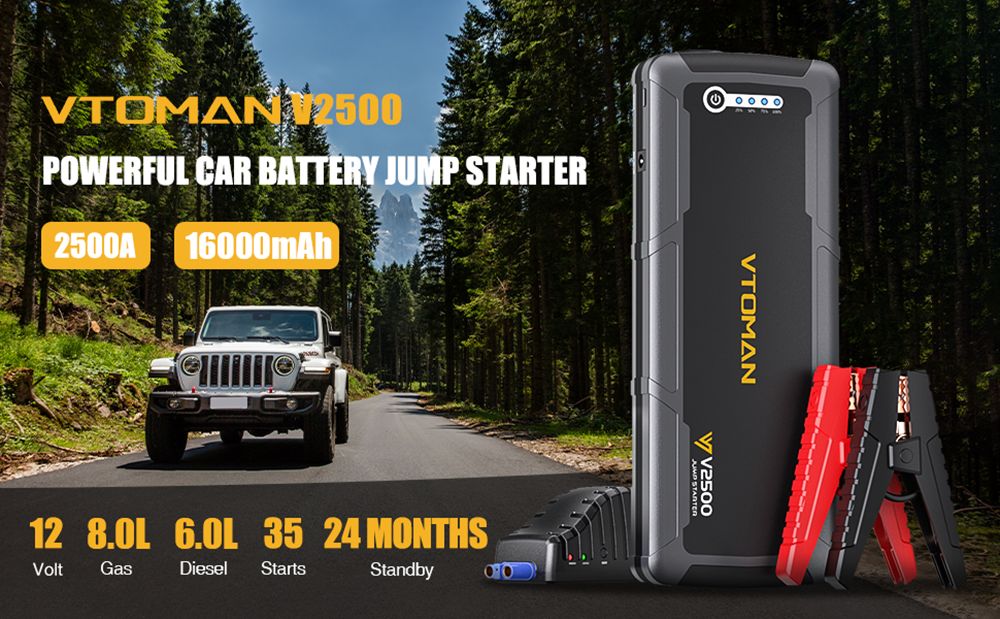 VTOMAN V2500 2500A Car Jump Starter, 15V DC Port, 3 LED Flashlight Modes, 12V Car Up to 8.0L Gas or 6.0L Diesel Engine