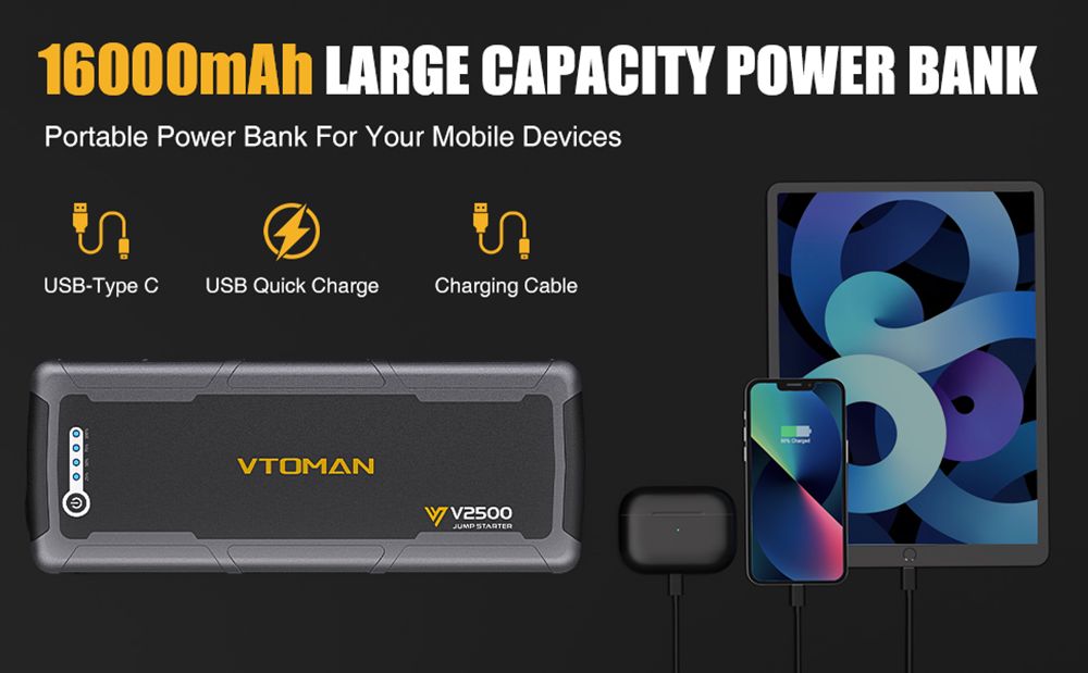 VTOMAN V2500 2500A Car Jump Starter, 15V DC Port, 3 LED Flashlight Modes, 12V Car Up to 8.0L Gas or 6.0L Diesel Engine