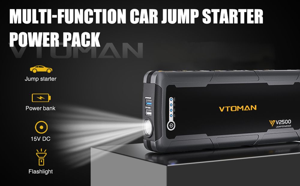 VTOMAN V2500 2500A Car Jump Starter, 15V DC Port, 3 LED Flashlight Modes, 12V Car Up to 8.0L Gas or 6.0L Diesel Engine
