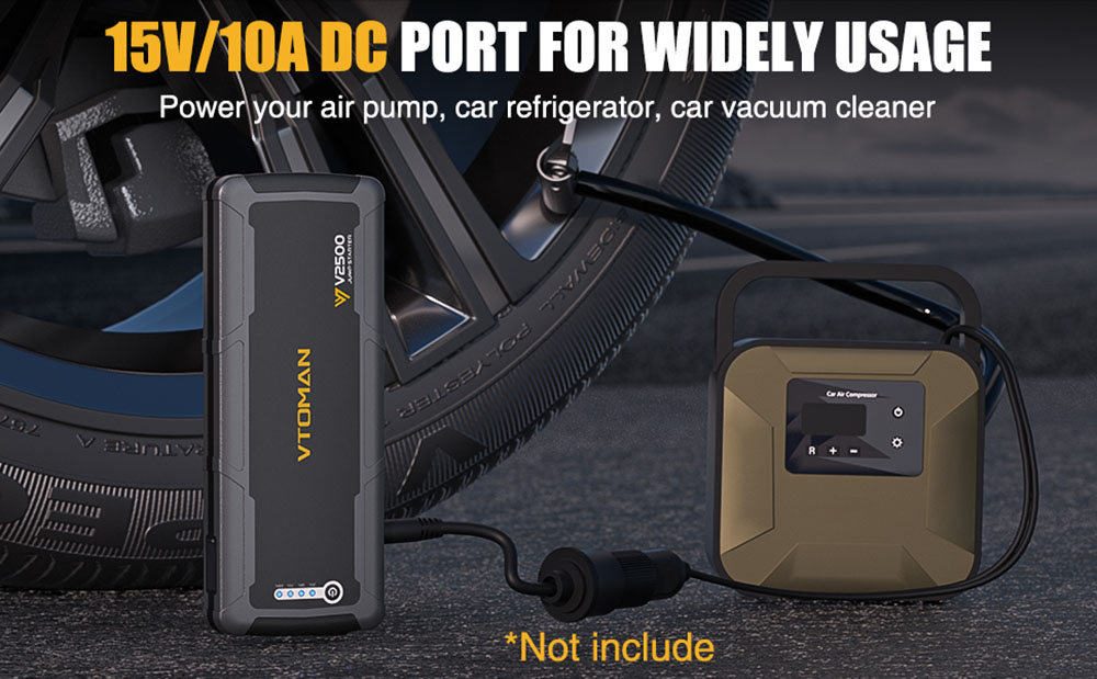 VTOMAN V2500 2500A Car Jump Starter, 15V DC Port, 3 LED Flashlight Modes, 12V Car Up to 8.0L Gas or 6.0L Diesel Engine
