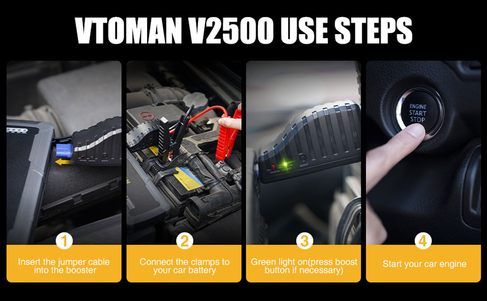 VTOMAN V2500 2500A Car Jump Starter, 15V DC Port, 3 LED Flashlight Modes, 12V Car Up to 8.0L Gas or 6.0L Diesel Engine