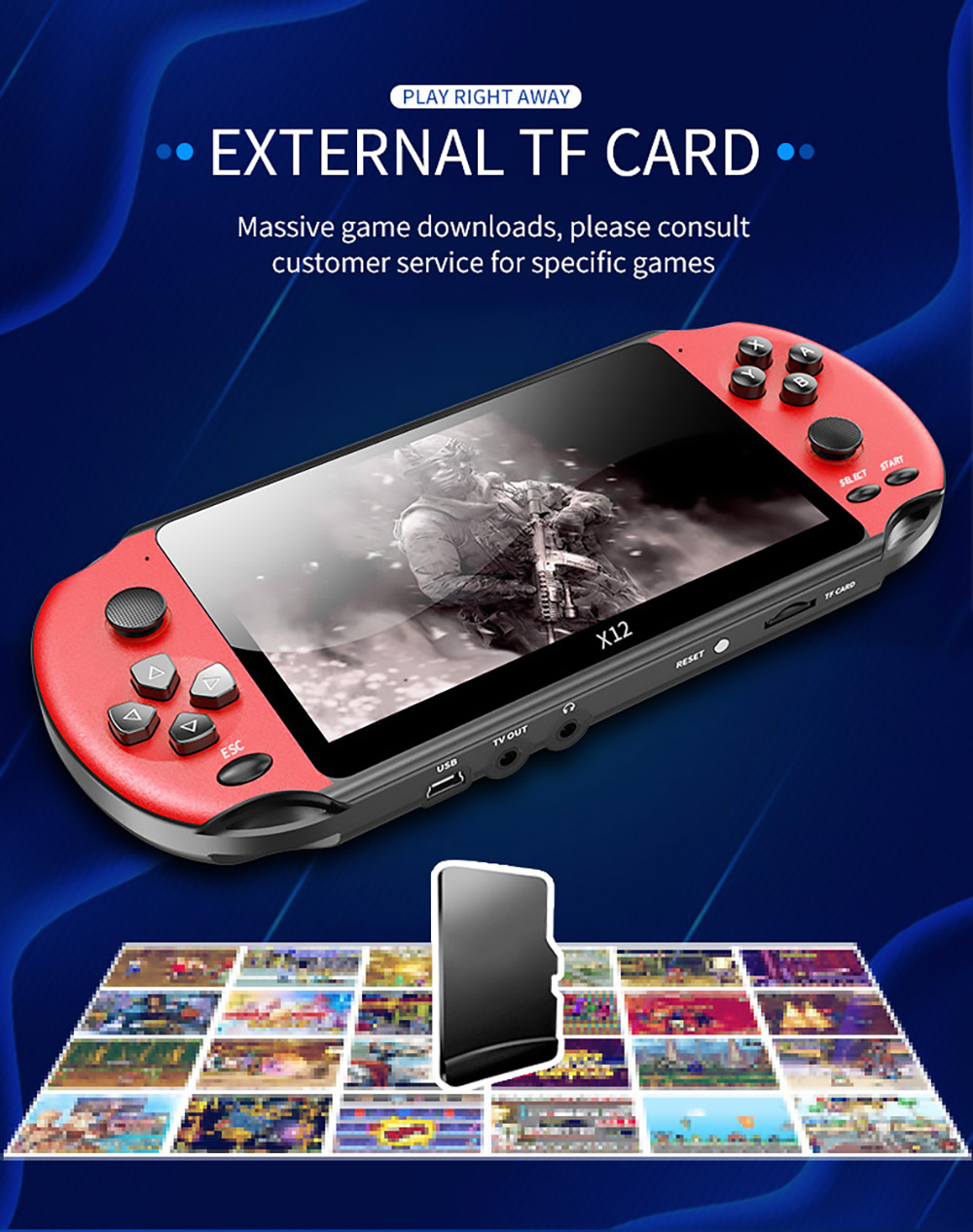 X12 Retro Handheld Game Console, 5.1 inch IPS Screen, Dual Joystick, 8GB TF Card, TV Output, 1800mAh Battery