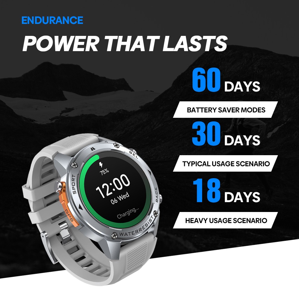 Zeblaze Stratos 2 Ultra Outdoor Smartwatch, 1.43'' Screen, Sleep Health Monitoring, 170+ Sport Modes, 6 Positioning System - Silver