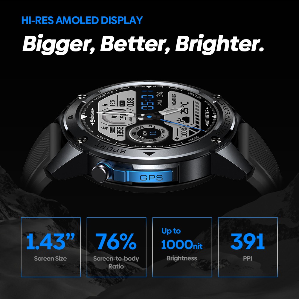 Zeblaze Stratos 2 Ultra Outdoor Smartwatch, 1.43'' Screen, Sleep Health Monitoring, 170+ Sport Modes, 6 Positioning System - Silver