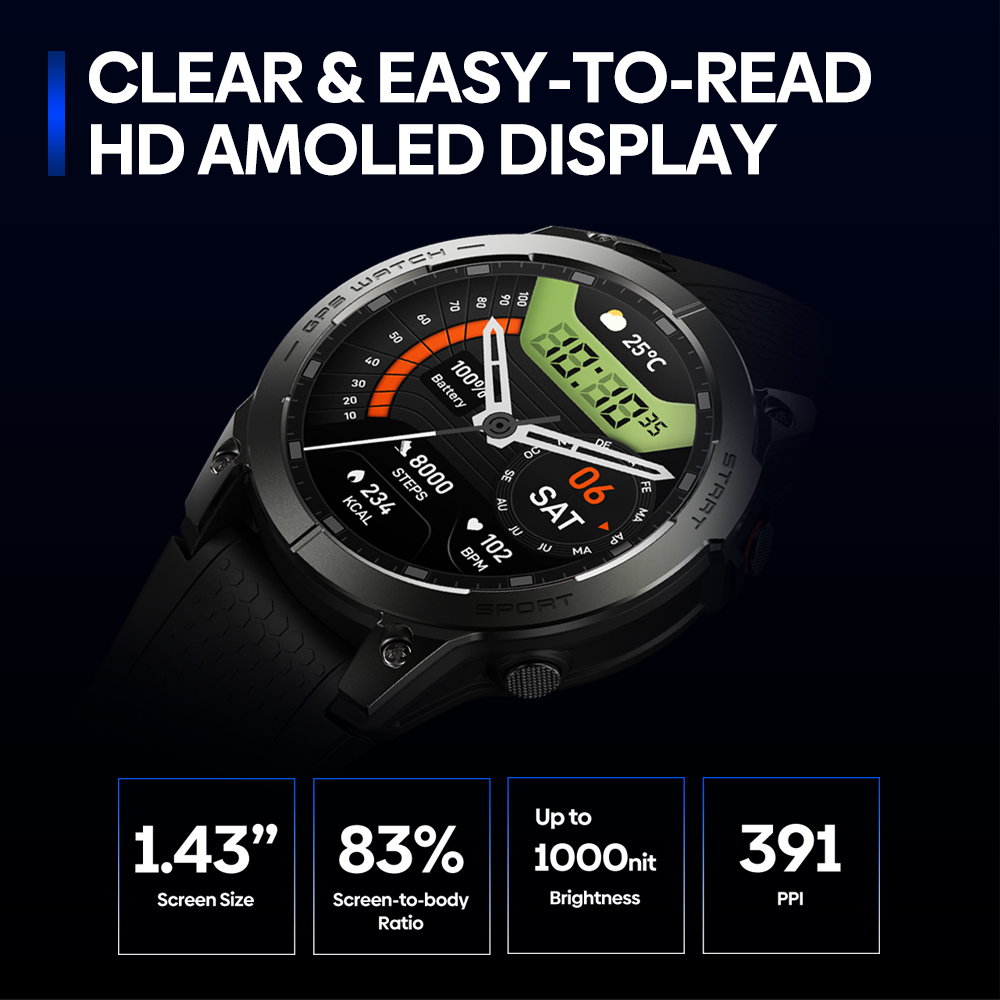 Zeblaze Stratos 3 Pro Smartwatch, 1.43' AMOLED Screen, Bluetooth Calling, 100+ Workout Modes, 24/7 Health Monitoring, GPS Positioning - Blue