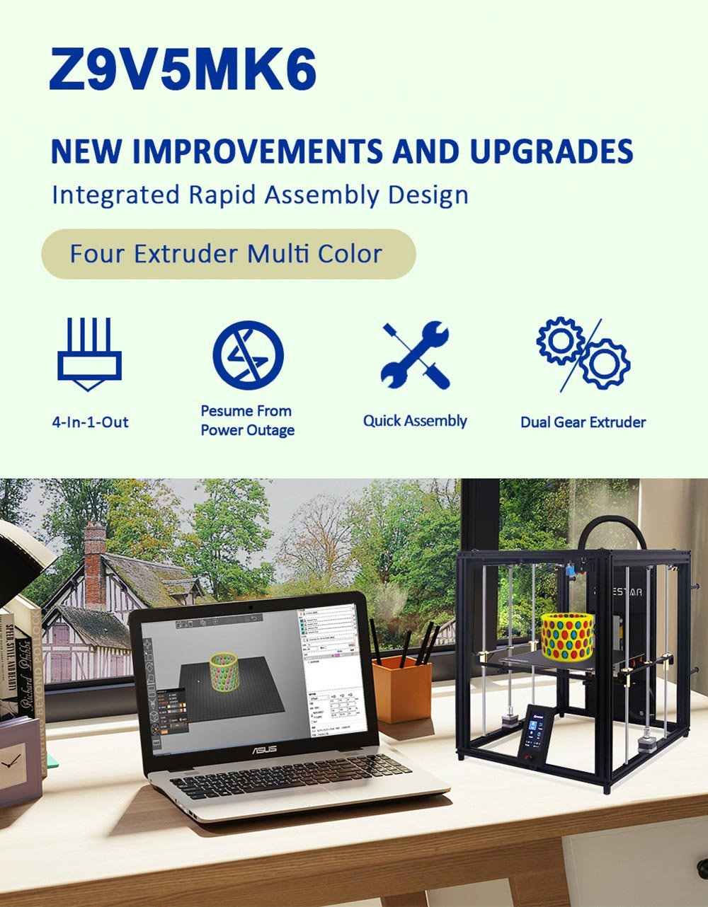 Zonestar Z9V5MK6 4 Extruders 3D Printer, 4 in 1 Out Color-Mixing, Auto Leveling, 32Bit Mainboard, 4.3 inch LCD Screen, 300x300x400mm