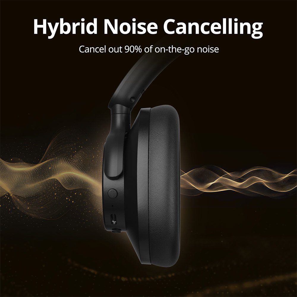 Tronsmart SOUNFII Q20S Hybrid ANC-Kopfhörer, Bluetooth 5.3, Hybride aktive Geräuschunterdrückung, 60 Stunden Spielzeit, Hi-Res-Audio, um 90° schwenkbare Ohrpolster, Paarung mit 2 Geräten, Tronsmart-App-Steuerung – Schwarz