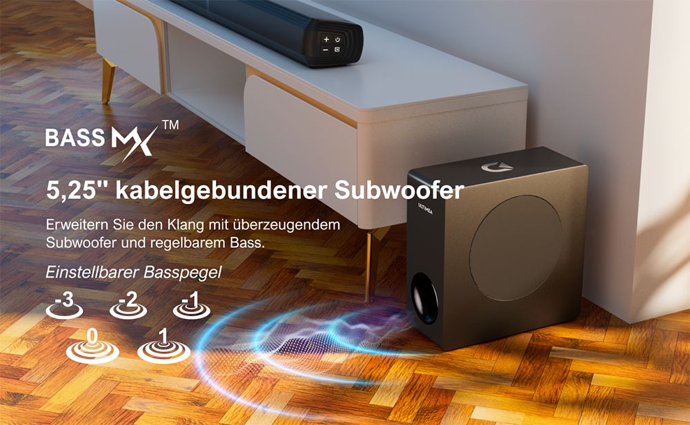 Ultimea Apollo S50 4.1-Kanal abnehmbare Soundbar mit Subwoofer, Bluetooth 5.3, einstellbarem Basspegel, 3 EQ-Modi