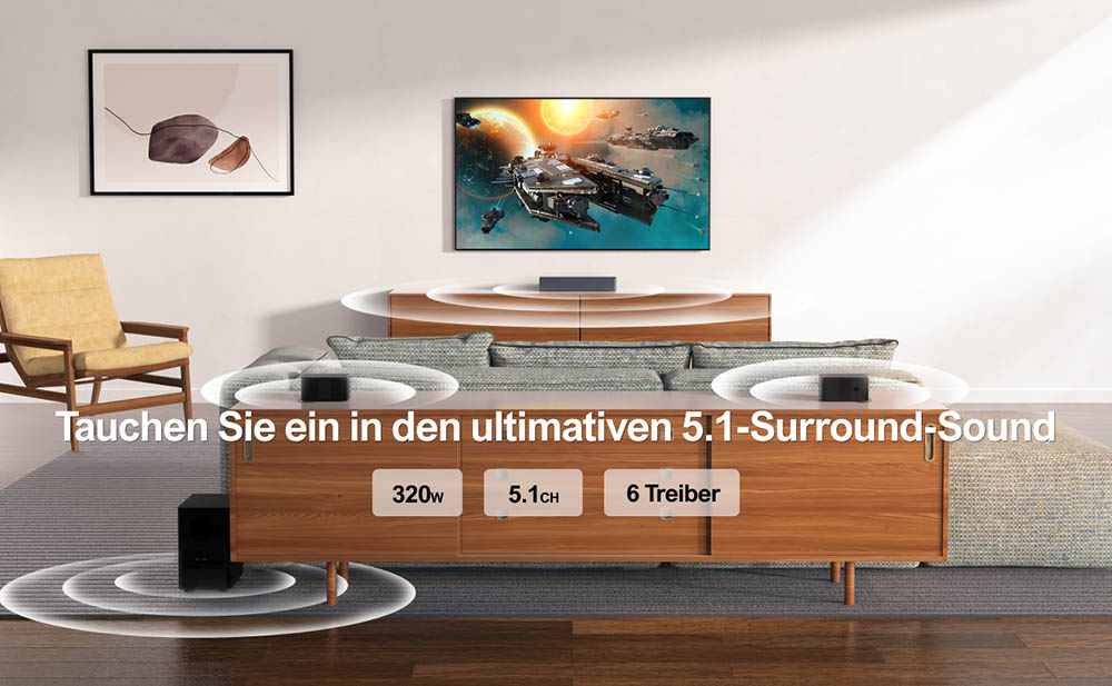 Ultimea Poseidon D50 5.1 Kanal Soundbar mit Subwoofer und hinteren Surround-Lautsprechern, einstellbarer Surround-Pegel, 3 EQ-Modi