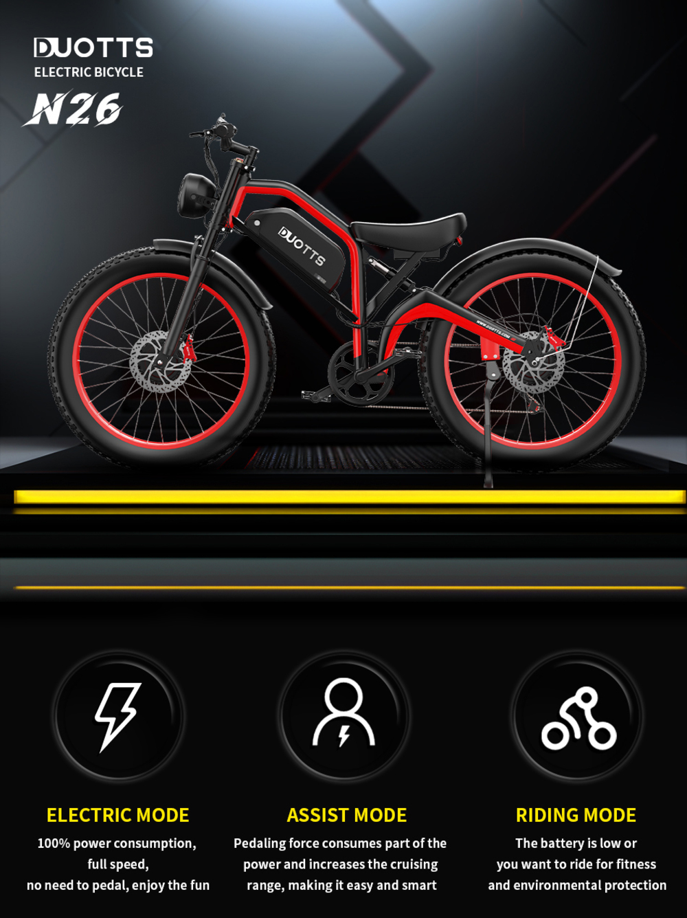 DUOTTS N26 Electric Bike, 750W*2 Motors, 55km/h Max Speed, 26*4.0' Inflatable Tires, 48V 20Ah Samsung Battery, 120-150km Range, Shimano 7-Speed, 200kg Max Load - Black