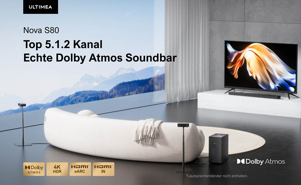 Ultimea Nova S80 Soundbar-Subwoofer-Lautsprecher-Kit, 5.1.2-Kanal, 4K HDR-Passthrough, Dolby Atmos-Dekodierung, 520 W Spitzenleistung