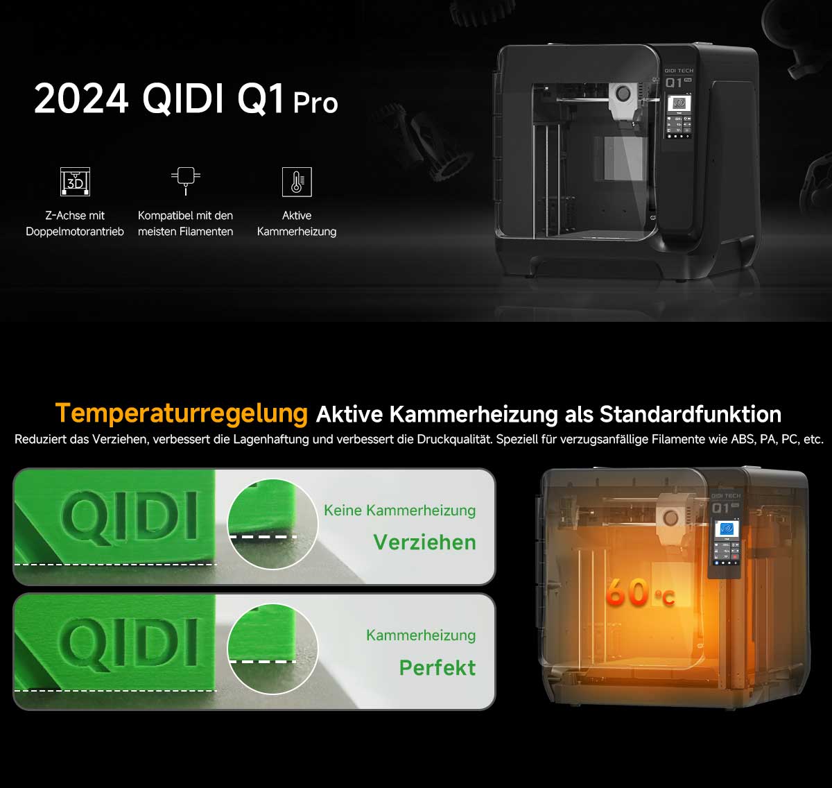 QIDI TECH Q1 Pro 3D-Drucker, Dual-Z-Motoren, 60°C Kammertemperatur, 350°C Druck, Tri-Metall-Hotend, automatische Nivellierung, ≤600mm/s Hochgeschwindigkeit, 64-Bit-Prozessor, Filamenterkennung, 245x245x240mm