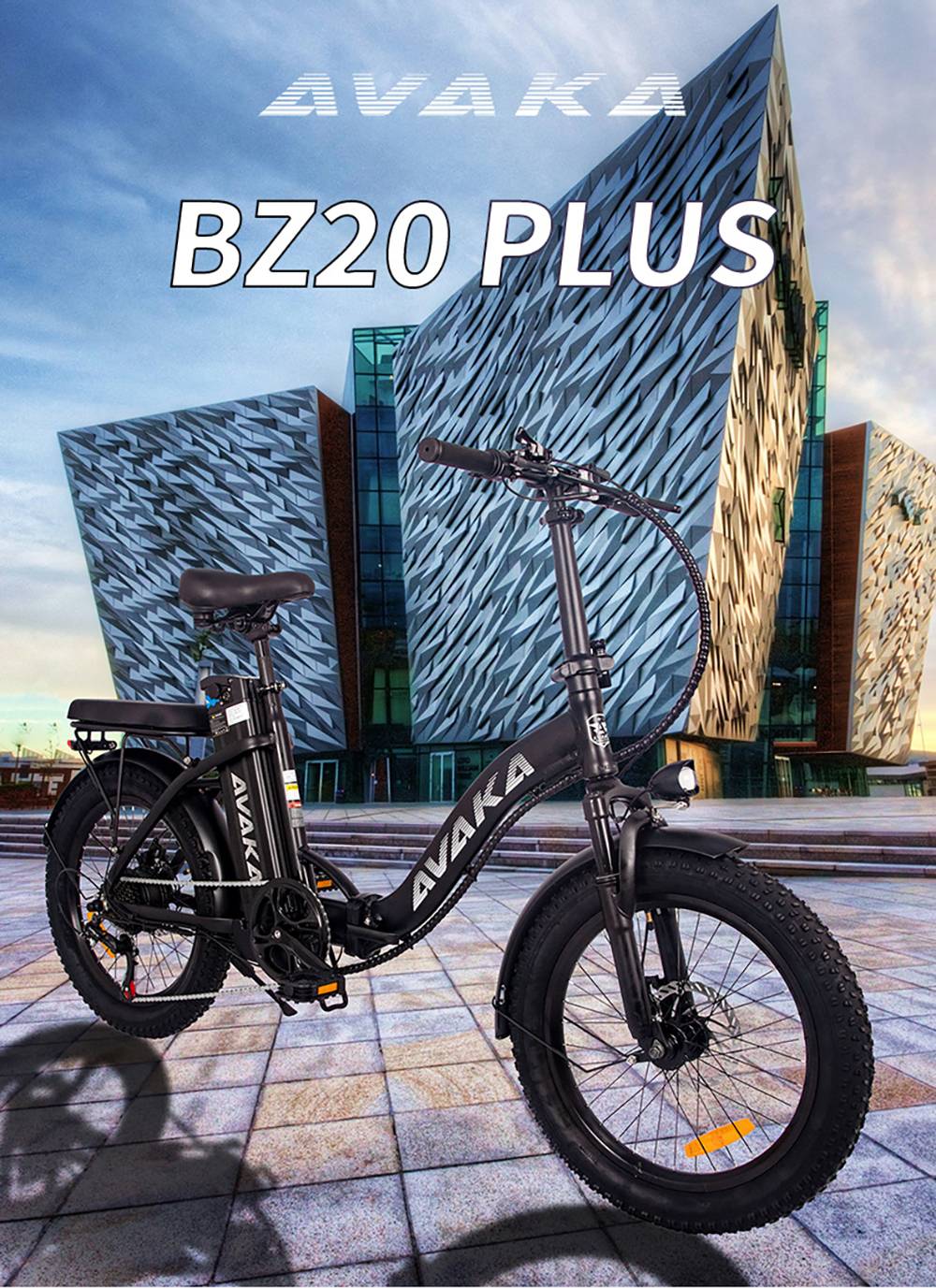 AVAKA BZ20 PLUS Electric Bike Foldable 20*3.0 Inch Fat Tires 500W Brushless Motor 25Km/h Max Speed 48V 18.2Ah Battery 100Km Range 120KG Max Load Dual Disc Brake Shimano 7-Speed Gear IP54 Waterproof  LCD Display Spoke wheel - White