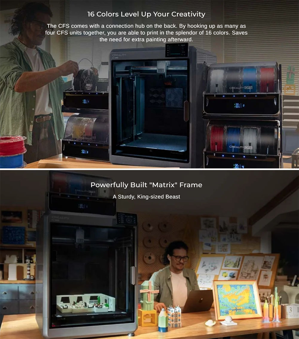 Creality K2 Plus Combo 3D Printer with CFS, 600mm/s, Multi-Color Printing, Apus Extruder, Tilt Detection, FOC Closed-Loop Motors, Active Chamber Heater, 350x350x350mm