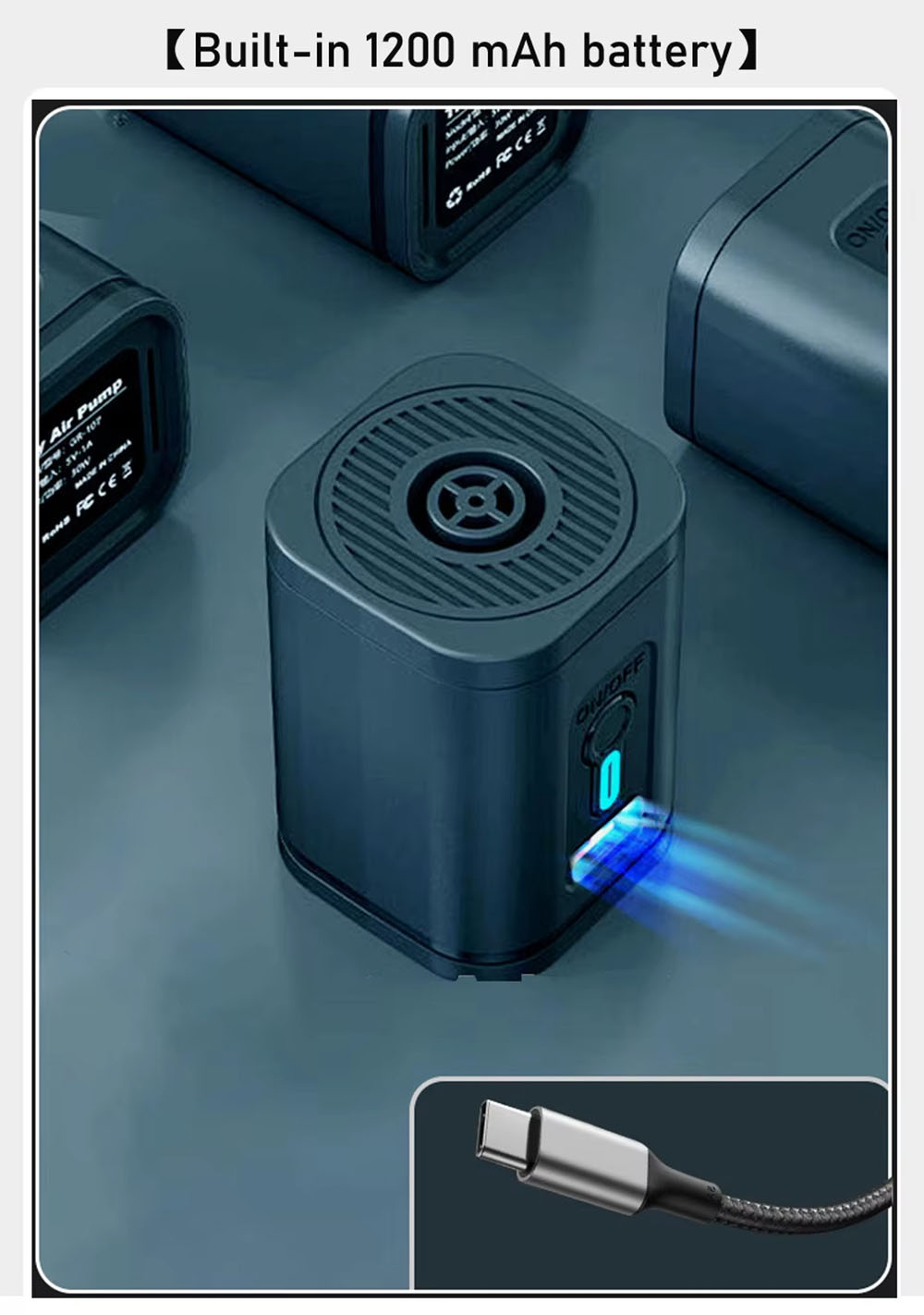 107E Portable Mini Air Pump, In/Deflation, Dimming LED Light, 1200 mAh Battery, With 4 Air Nozzles, for Pool, Mattresses, Toys & Yoga Ball