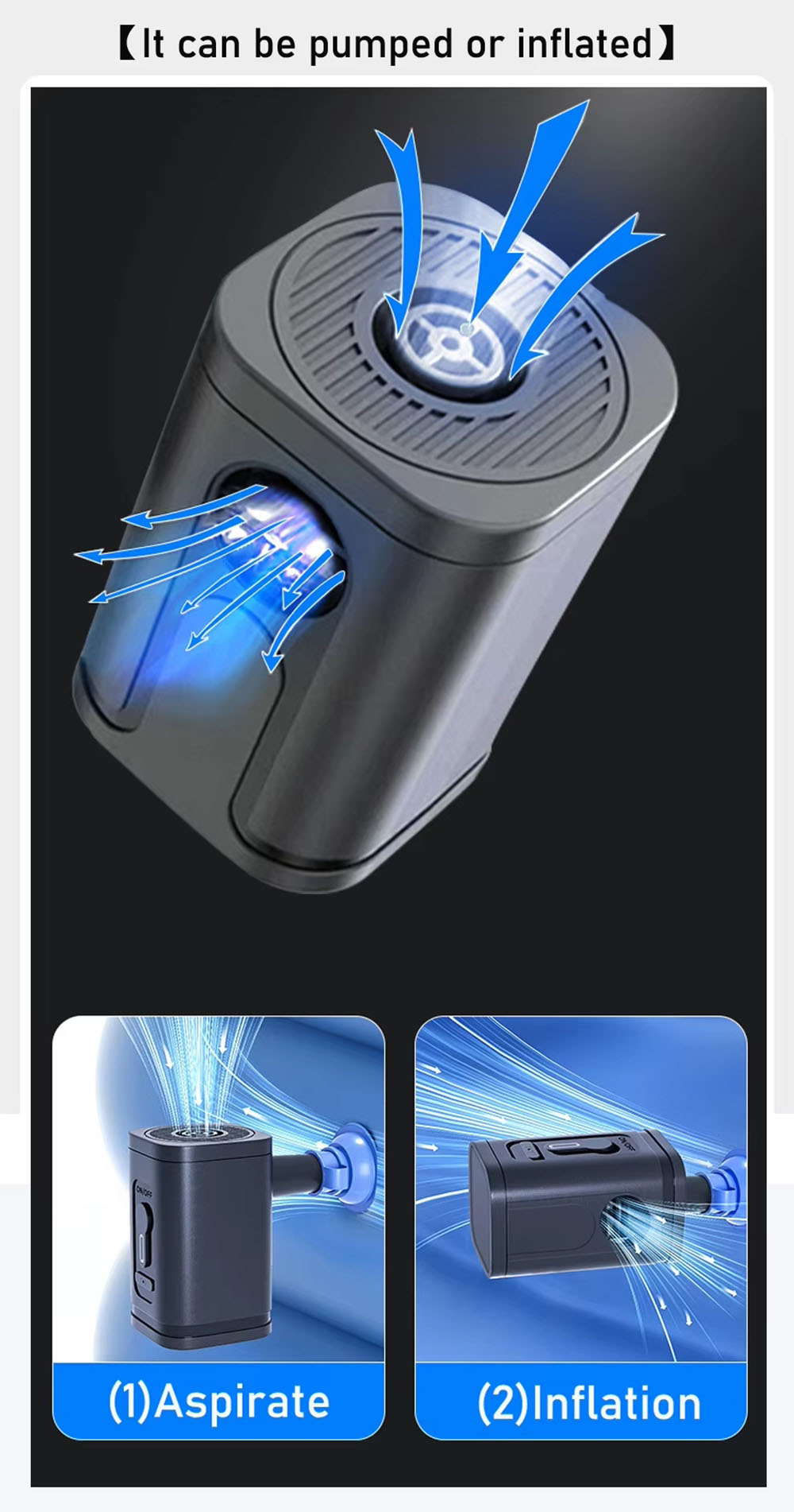 107E Portable Mini Air Pump, In/Deflation, Dimming LED Light, 1200 mAh Battery, With 4 Air Nozzles, for Pool, Mattresses, Toys & Yoga Ball