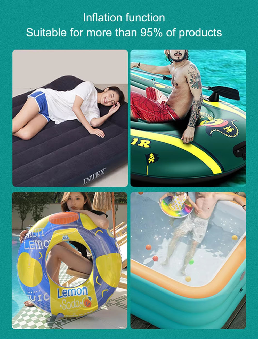 107E Portable Mini Air Pump, In/Deflation, Dimming LED Light, 1200 mAh Battery, With 4 Air Nozzles, for Pool, Mattresses, Toys & Yoga Ball